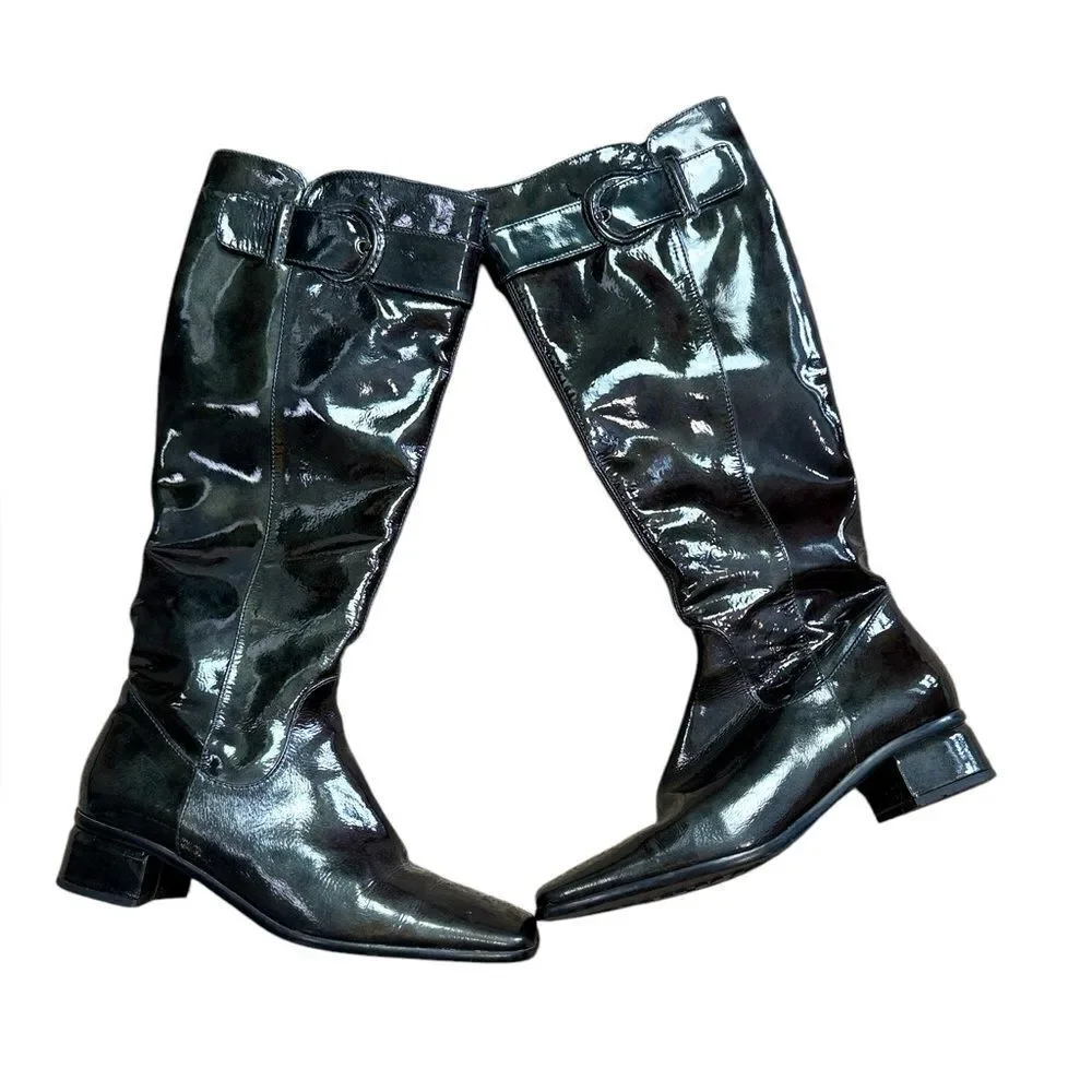 Aquatalia Deep Green Patent Leather Designer Riding Boots
